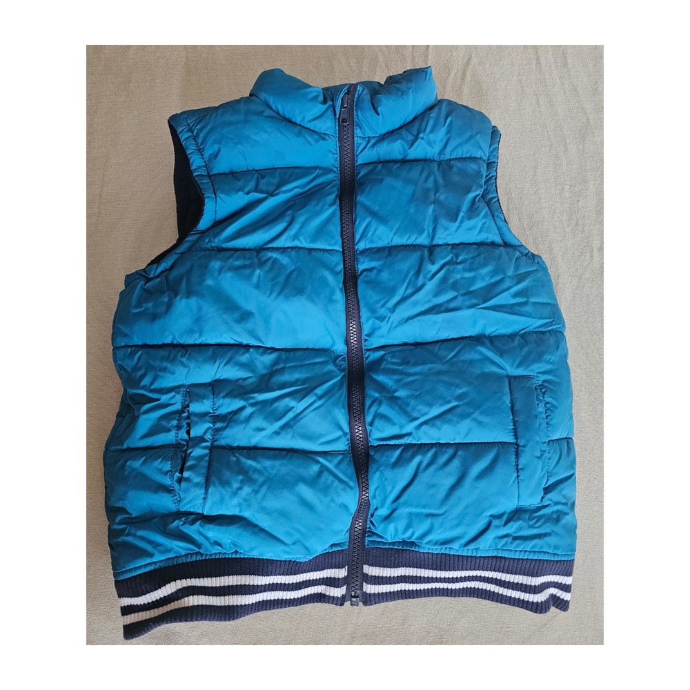 Gymboree Boys Teal Blue Puffer Vest Fleece Lined Striped Hem Size M 7-8